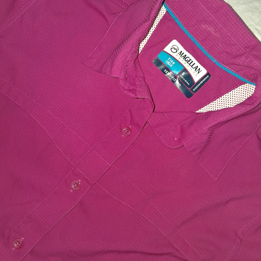 Magellan Outdoors Fish Gear Women's Short Sleeve Button Up‎ Shirt S Pink Fishing